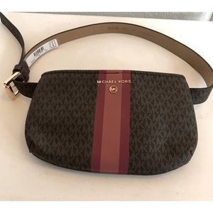 Michael Kors Brown Belt Bag Red Striped MK Jet Logo Womens Waist Pack NWT